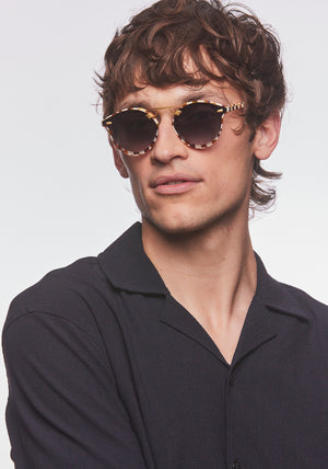 STL NYLON | Caffe 24K Handcrafted, luxury brown checkered acetate round KREWE sunglasses with flat edge to edge nylon lens mens model | Model: Cameron