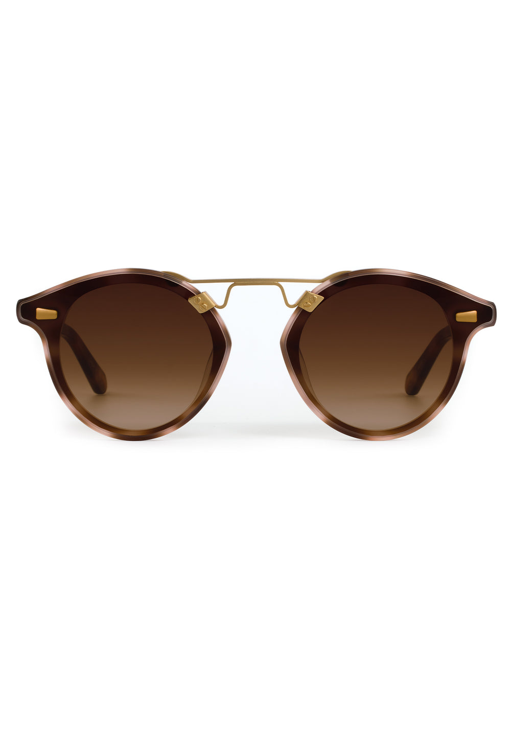 STL NYLON | Matte Blush Tort 18K Handcrafted, luxury pink and brown tortoise acetate round KREWE sunglasses with flat edge to edge nylon lens and 18k gold metal bridge