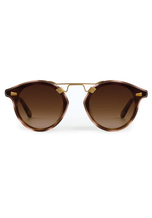 STL NYLON | Matte Blush Tort 18K Handcrafted, luxury pink and brown tortoise acetate round KREWE sunglasses with flat edge to edge nylon lens and 18k gold metal bridge