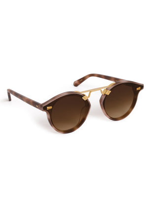 STL NYLON | Matte Blush Tort 18K Handcrafted, luxury pink and brown tortoise acetate round KREWE sunglasses with flat edge to edge nylon lens and 18k gold metal bridge