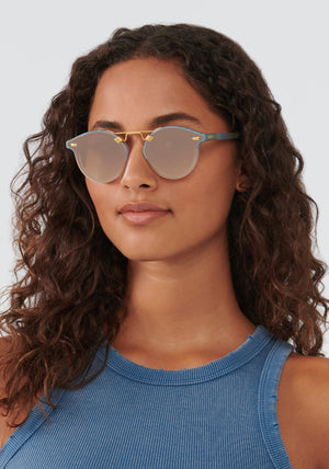 STL NYLON | Matte Opaline to Crystal 24K Mirrored Handcrafted, luxury blue acetate KREWE sunglasses womens model | Model: Meli