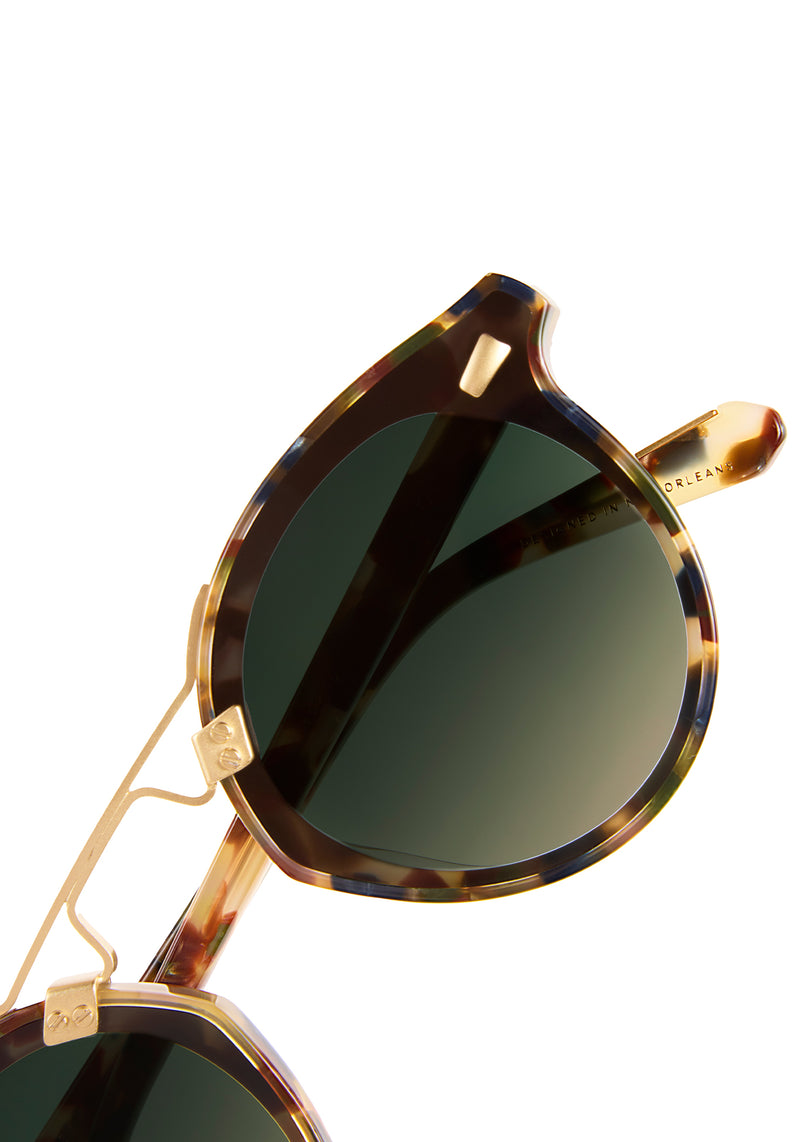 STL NYLON | Tuscan Tortoise 18K Handcrafted, luxury brown tortoise acetate round KREWE sunglasses with flat edge to edge nylon lens and 18k gold metal bridge