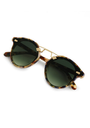 STL NYLON | Tuscan Tortoise 18K Handcrafted, luxury brown tortoise acetate round KREWE sunglasses with flat edge to edge nylon lens and 18k gold metal bridge