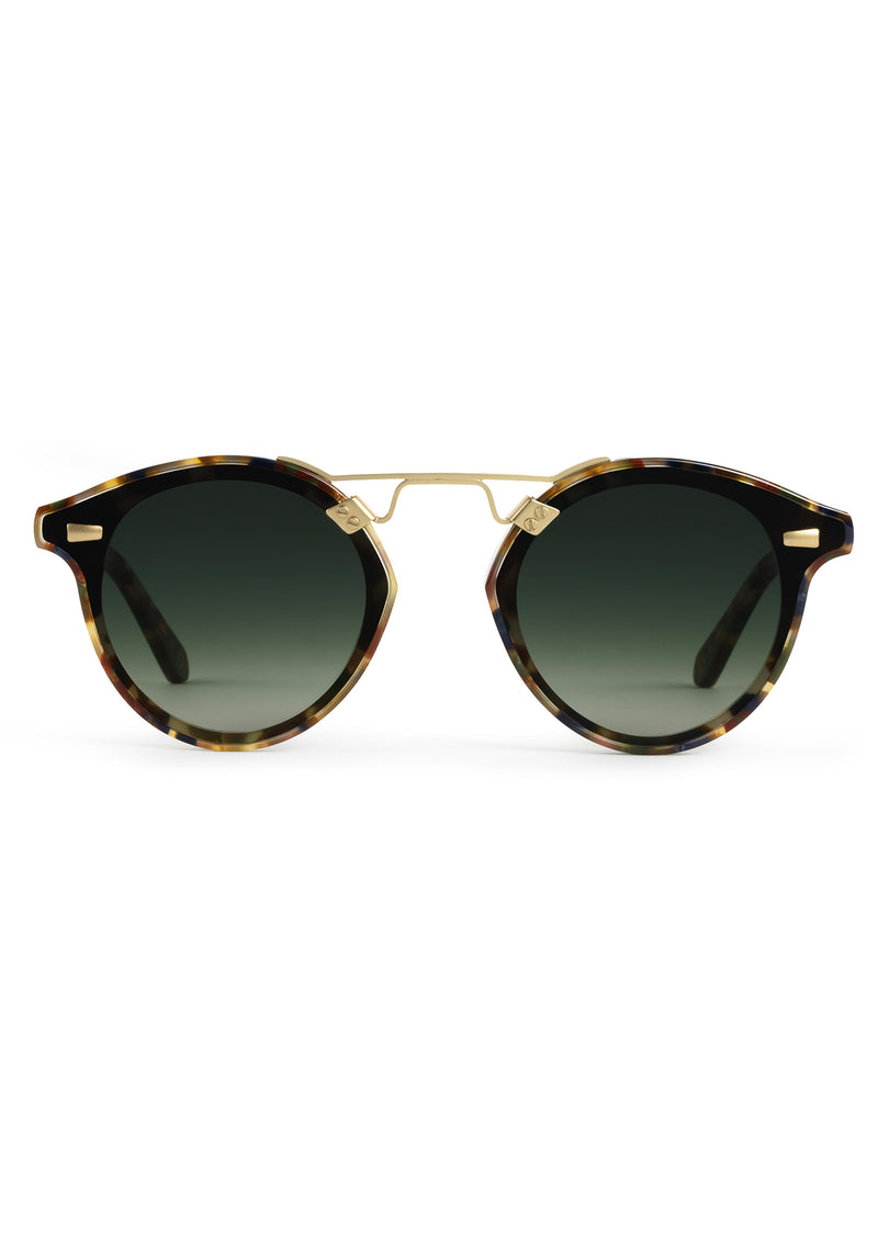 STL NYLON | Tuscan Tortoise 18K Handcrafted, luxury brown tortoise acetate round KREWE sunglasses with flat edge to edge nylon lens and 18k gold metal bridge