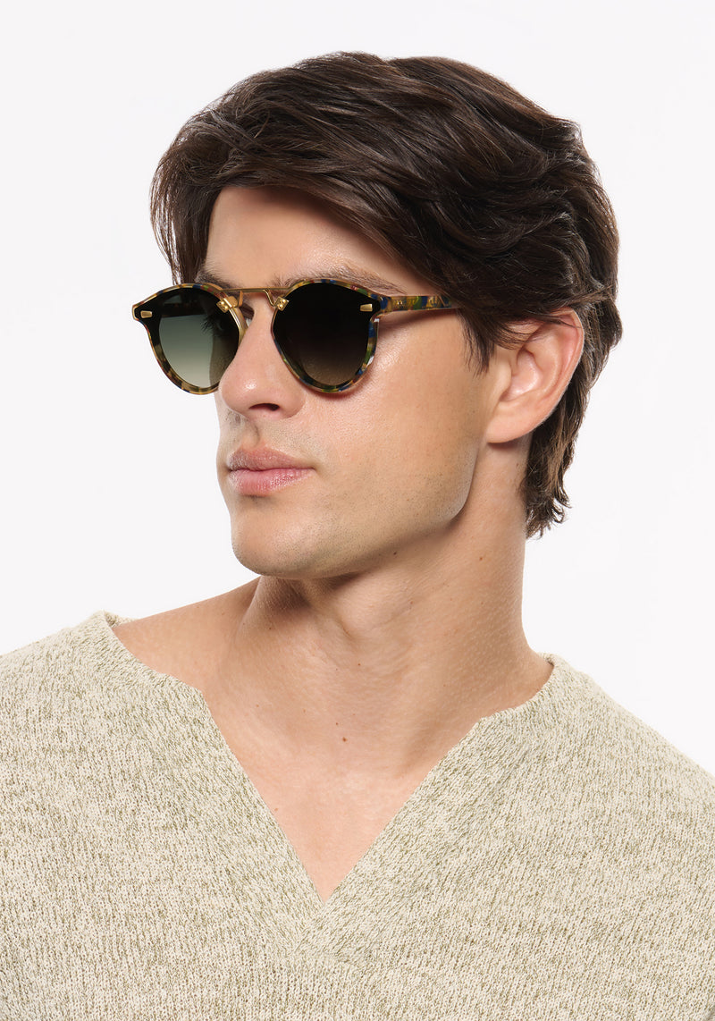 STL NYLON | Tuscan Tortoise 18K Handcrafted, luxury brown tortoise acetate round KREWE sunglasses with flat edge to edge nylon lens and 18k gold metal bridge mens model | Model: Brent