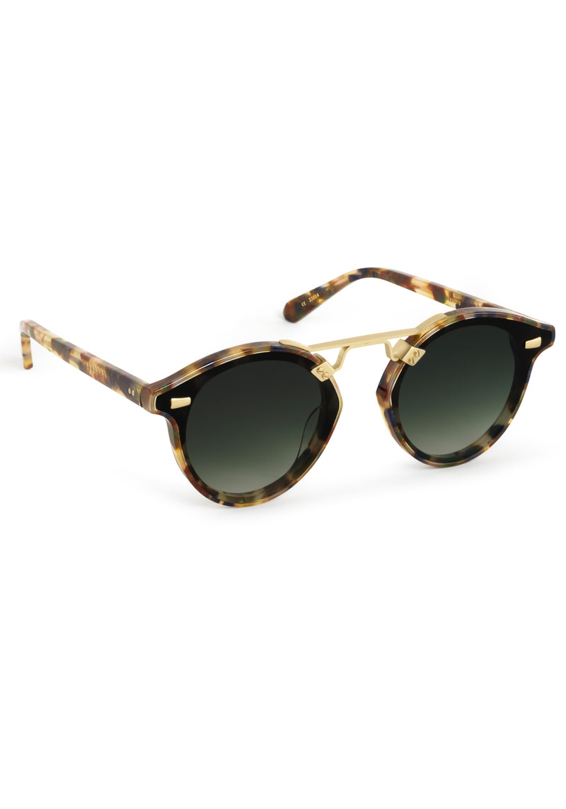 STL NYLON | Tuscan Tortoise 18K Handcrafted, luxury brown tortoise acetate round KREWE sunglasses with flat edge to edge nylon lens and 18k gold metal bridge