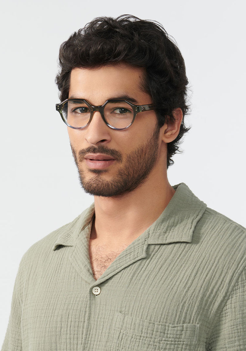 KREWE SADIE | Matcha Handcrafted, Green and Blue Acetate Luxury Glasses mens model campaign | Model: Mo