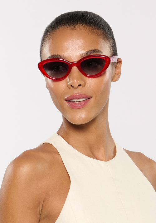SASHA | Cherry Handcrafted, luxury glossy red acetate bubble cat-eye KREWE sunglasses womens model campaign | Model: Sasha