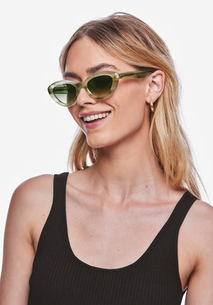 SASHA | Selene Handcrafted, luxury light green acetate bubble cat-eye KREWE sunglasses womens model | Model: Meghan