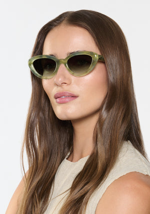 SASHA | Selene Handcrafted, luxury light green acetate bubble cat-eye KREWE sunglasses womens model | Model: Sam