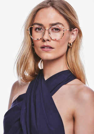 SKYLAR | 12K Titanium + Gelato Handcrafted, luxury multicolored acetate and titanium medium sized butterfly KREWE eyeglasses womens model | Model: Meghan