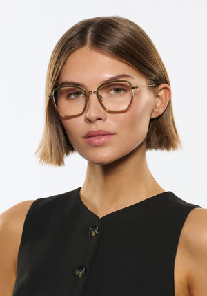 SKYLAR | 12K Titanium + Wasabi Handcrafted, luxury green to neutral gradient acetate and titanium medium sized butterfly KREWE eyeglasses womens model | Model: Michelle