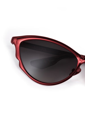 SOLANGE | Scarlet Chroma + Bordeaux Handcrafted, luxury dark red chroma stainless steel large cat eye KREWE sunglasses womens model