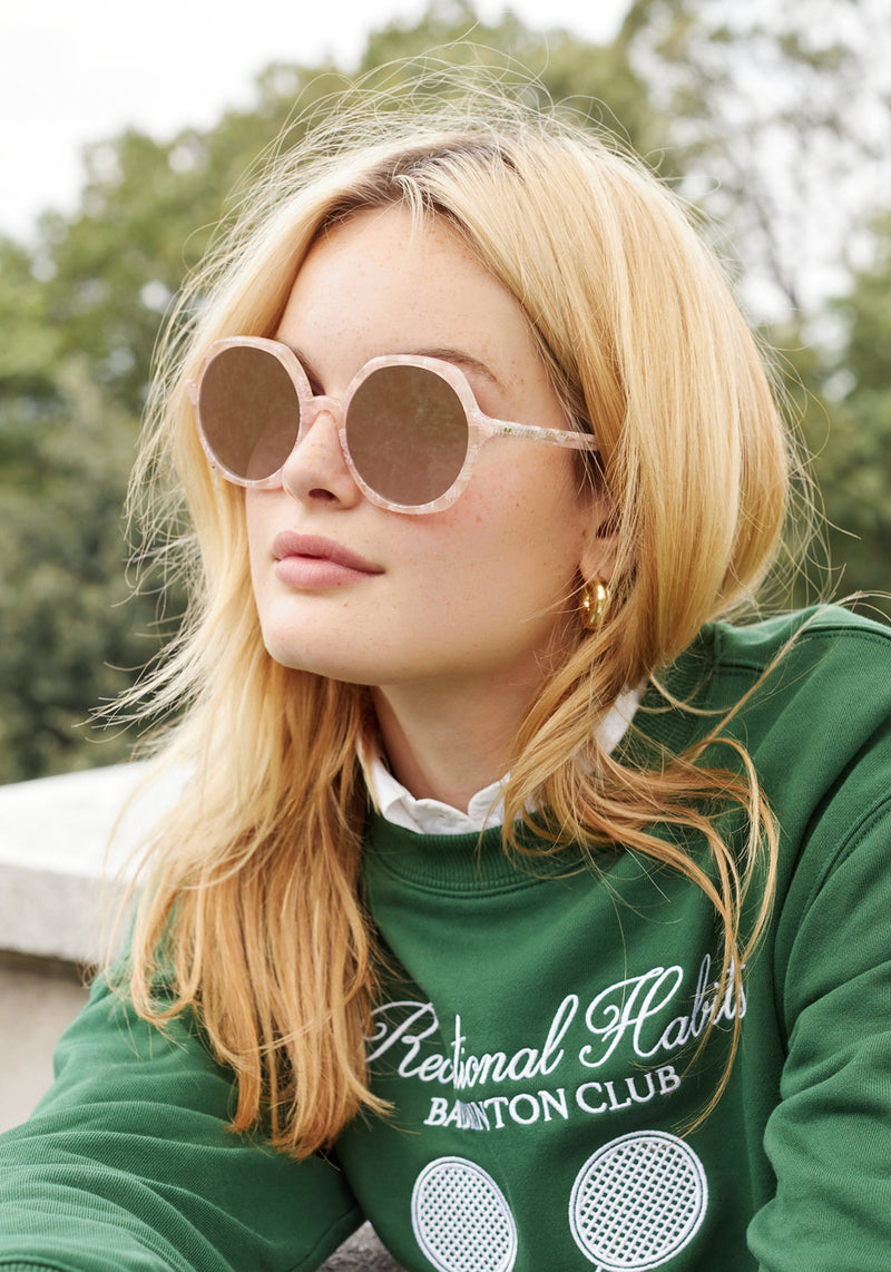 KREWE SUNGLASSES - SOPHIA | Plaid Mirrored handcrafted, luxury pink checkered oversized round women's sunglasses womens model campaign | Model: Fletcher