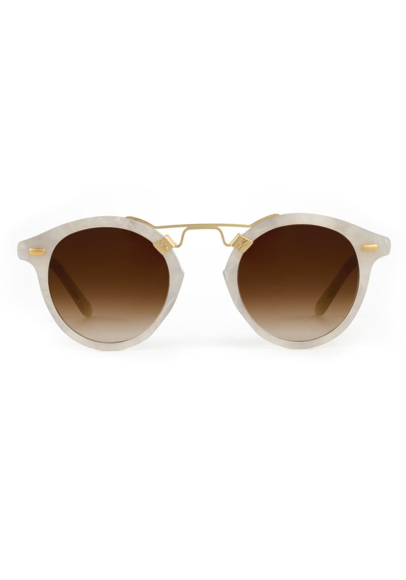 ST. LOUIS | Alabaster 18K Handcrafted, luxury light grey acetate round KREWE sunglasses with gold bridge and hardware