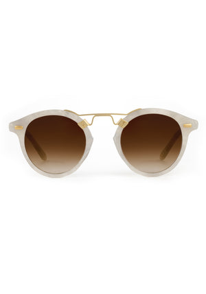 ST. LOUIS | Alabaster 18K Handcrafted, luxury light grey acetate round KREWE sunglasses with gold bridge and hardware
