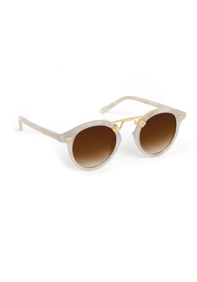 ST. LOUIS | Alabaster 18K Handcrafted, luxury light grey acetate round KREWE sunglasses with gold bridge and hardware
