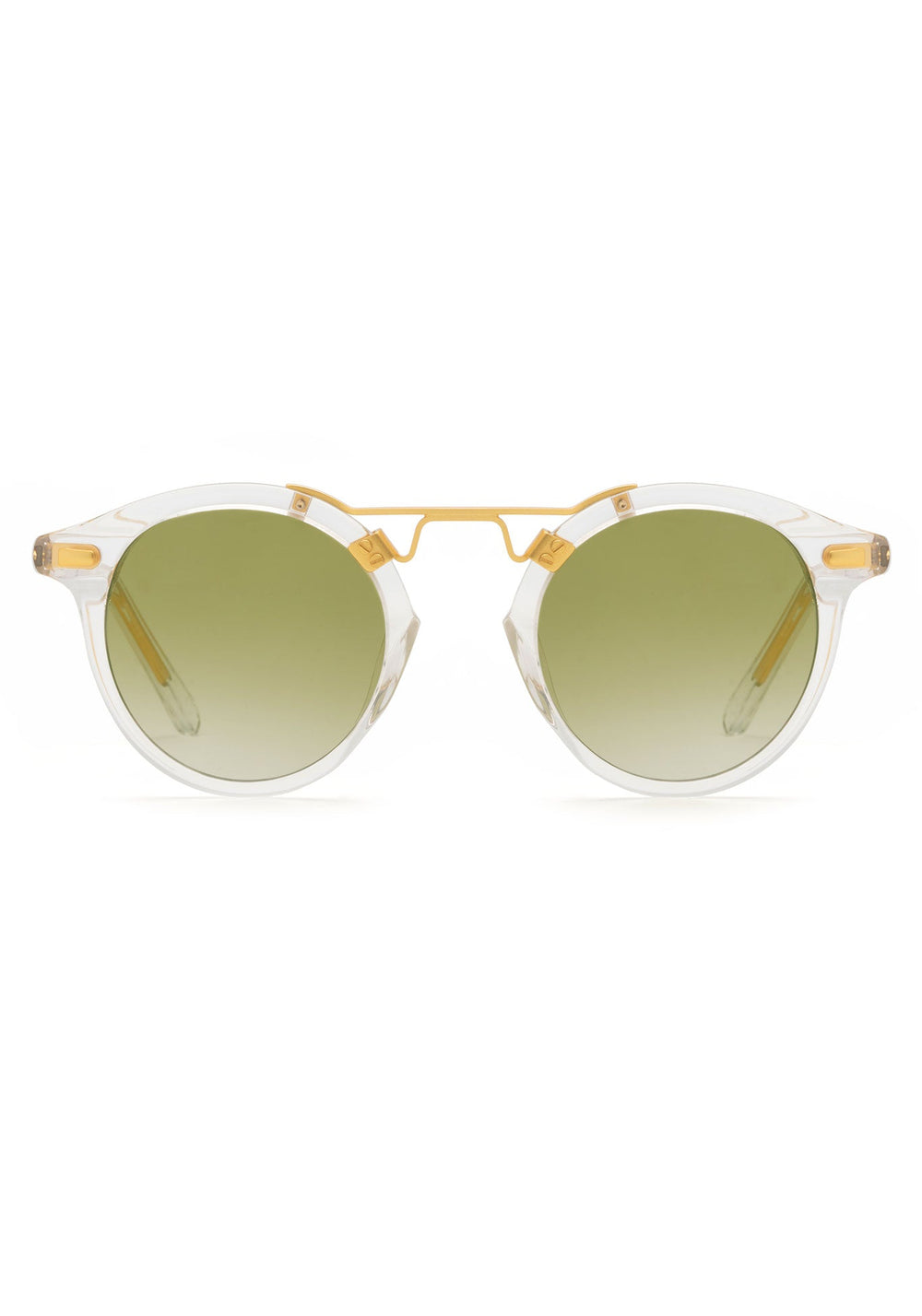 KREWE SUNGLASSES - ST. LOUIS MIRRORED | Crystal 24K + Custom Vanity Tint handcrafted, luxury round clear sunglasses with a double metal bridge and green tinted lenses