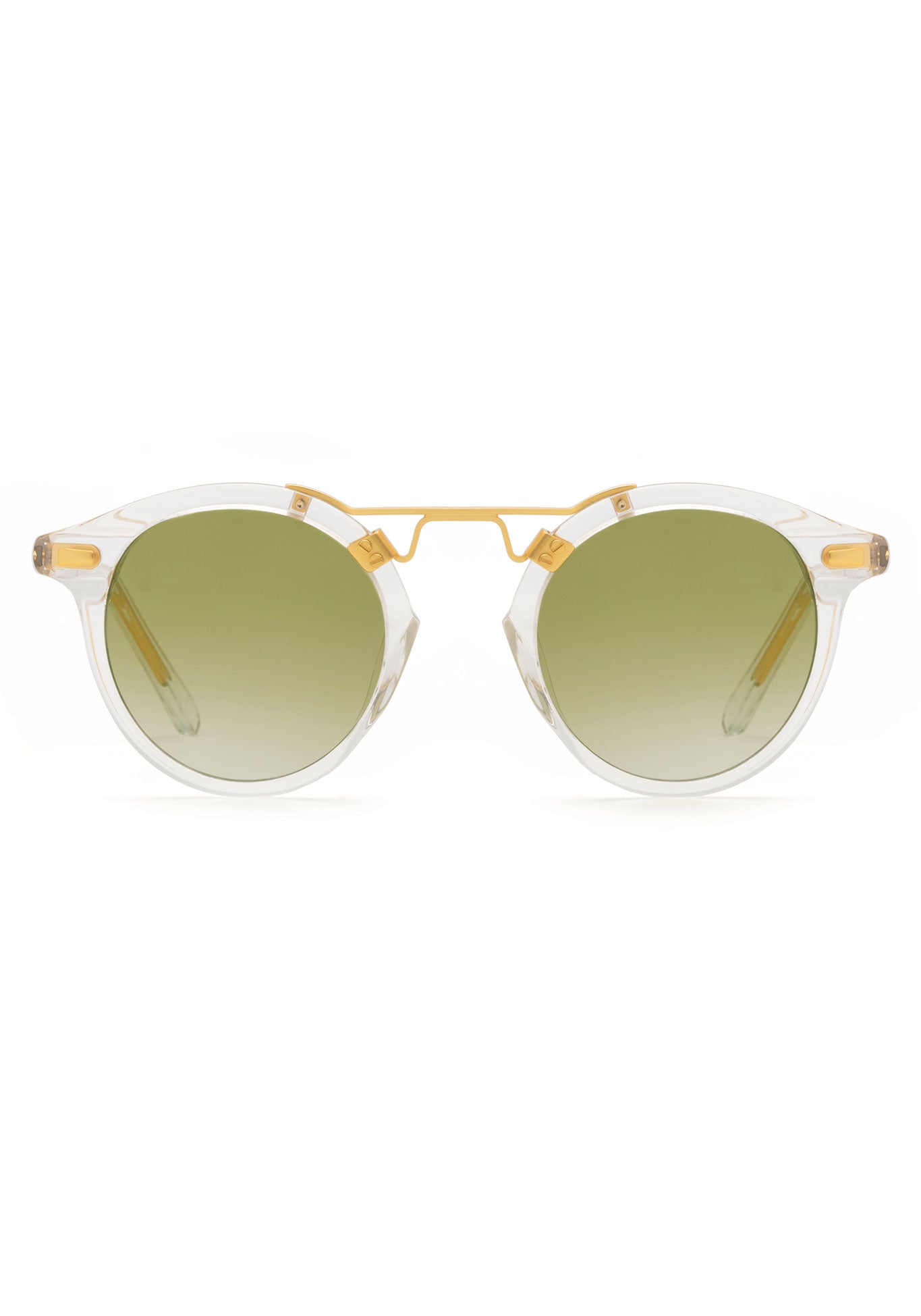 KREWE SUNGLASSES - ST. LOUIS MIRRORED | Crystal 24K + Custom Vanity Tint handcrafted, luxury round clear sunglasses with a double metal bridge and green tinted lenses