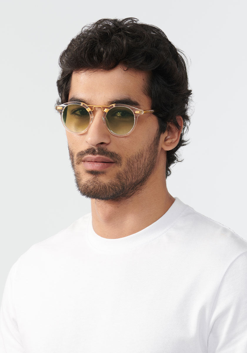 KREWE SUNGLASSES - ST. LOUIS MIRRORED | Crystal 24K + Custom Vanity Tint handcrafted, luxury round clear sunglasses with a double metal bridge and green tinted lenses mens model | Model: Mo