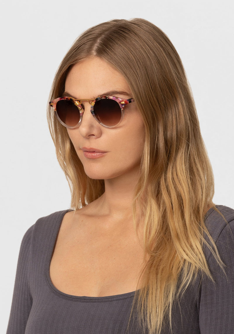 ST. LOUIS CLASSICS | Kokomo to Crystal 24K Handcrafted, luxury, pink acetate KREWE sunglasses womens model | Model: Maritza