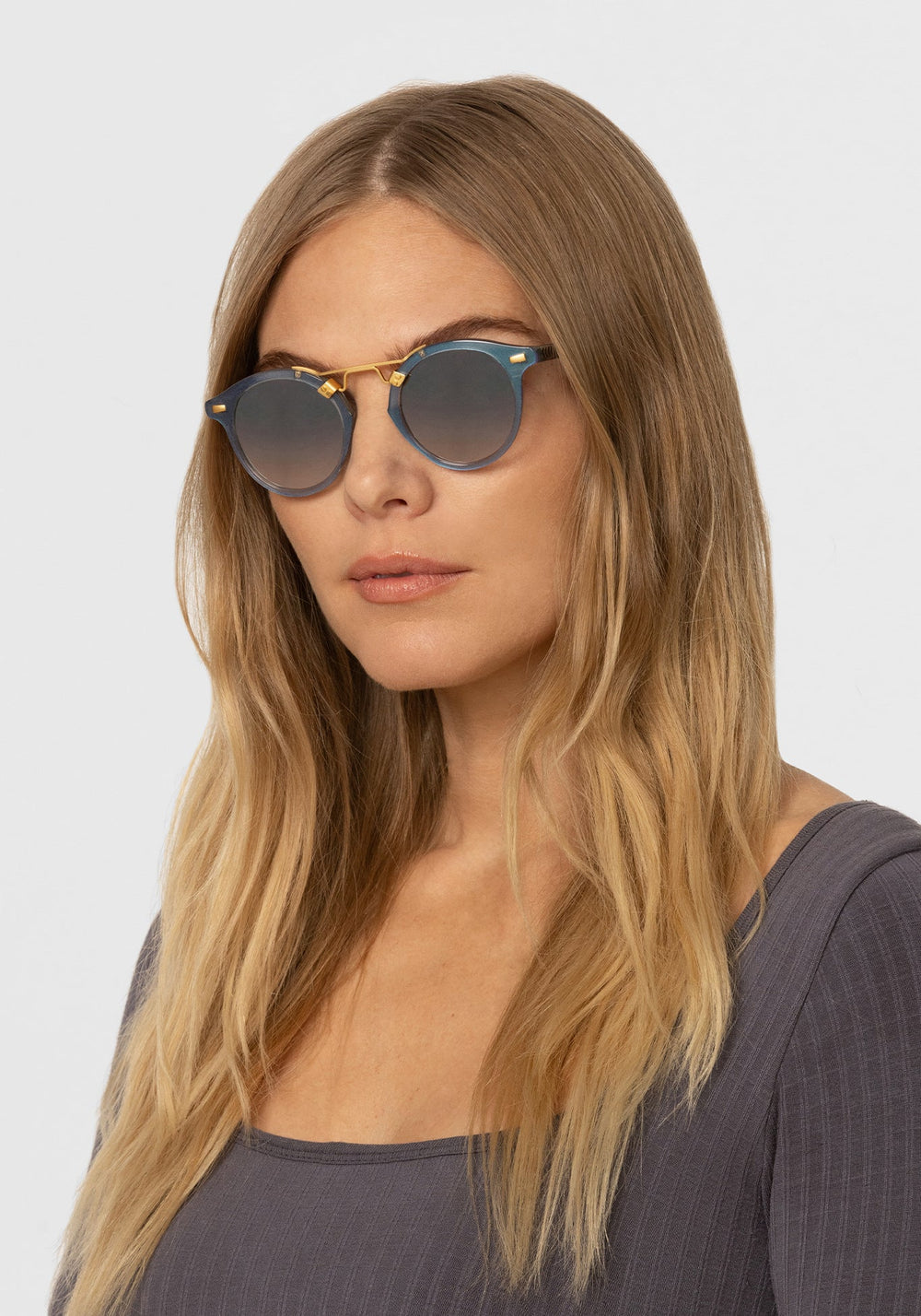 ST. LOUIS | Opal 24K handcrafted, luxury, purple and blue mirrored acetate KREWE Sunglasses womens model | Model: Maritza