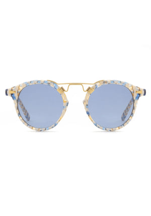 KREWE SUNGLASSES - ST. LOUIS CLASSICS | Pincheck 18K + Custom Vanity Tint handcrafted, luxury blue and white checkered round sunglasses with blue tinted lenses