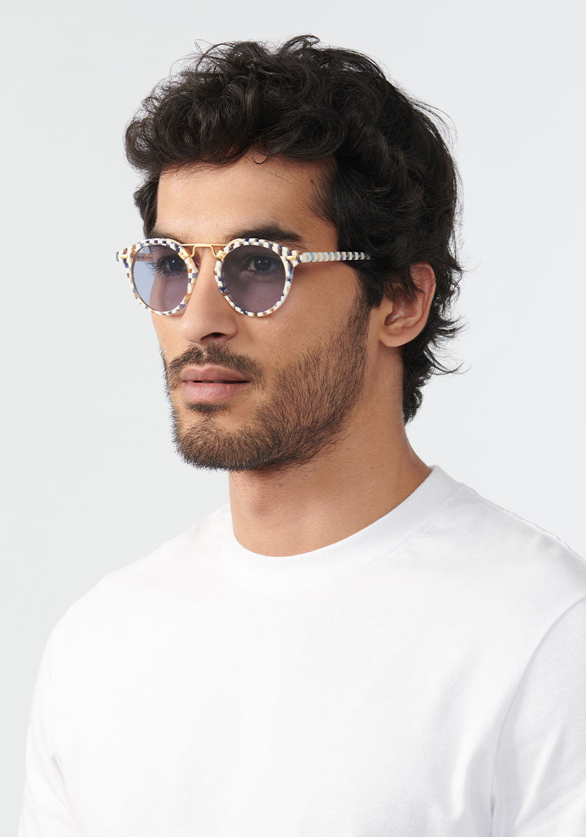 KREWE SUNGLASSES - ST. LOUIS CLASSICS | Pincheck 18K + Custom Vanity Tint handcrafted, luxury blue and white checkered round sunglasses with blue tinted lenses mens model | Model: Mo
