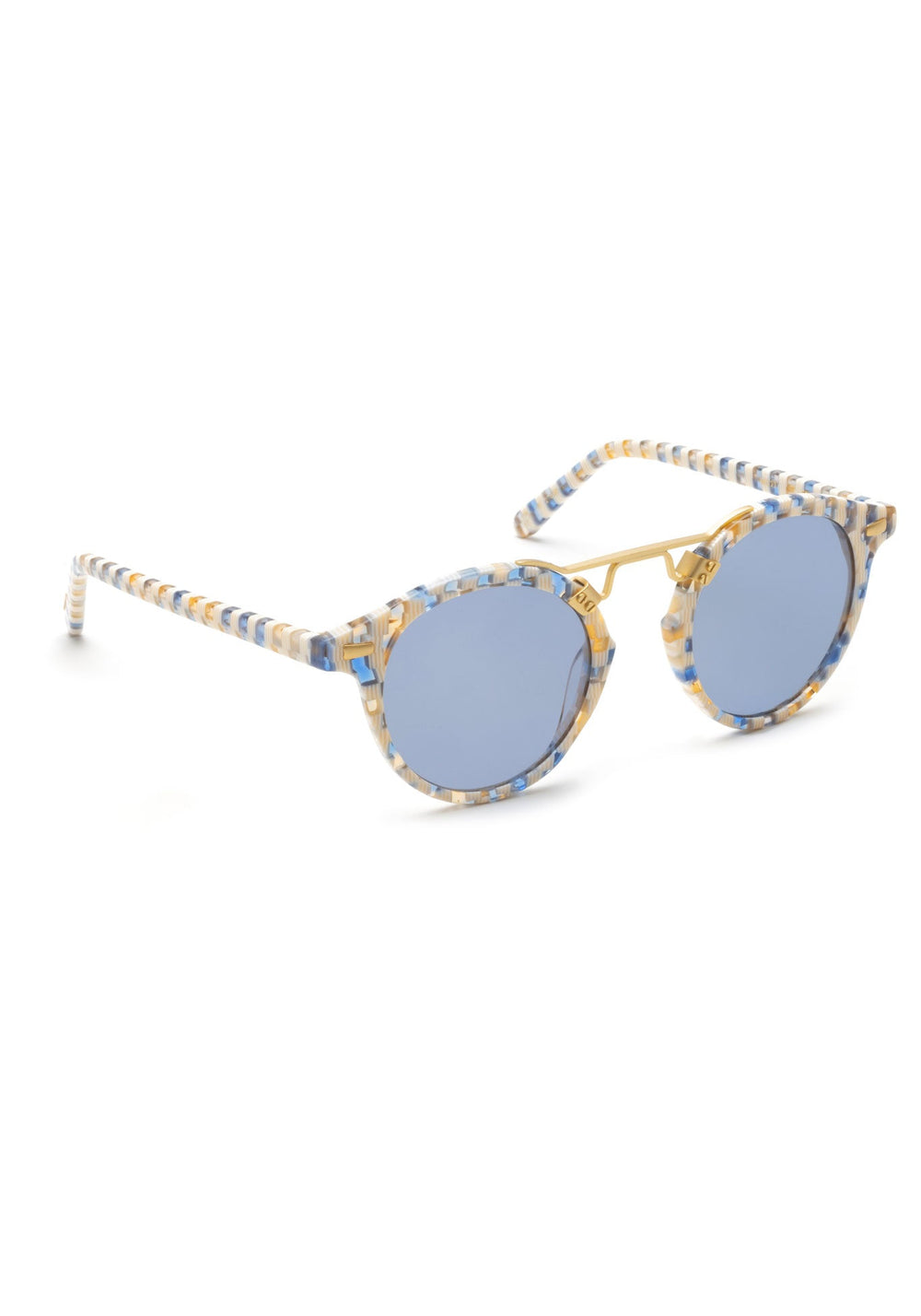 KREWE SUNGLASSES - ST. LOUIS CLASSICS | Pincheck 18K + Custom Vanity Tint handcrafted, luxury blue and white checkered round sunglasses with blue tinted lenses