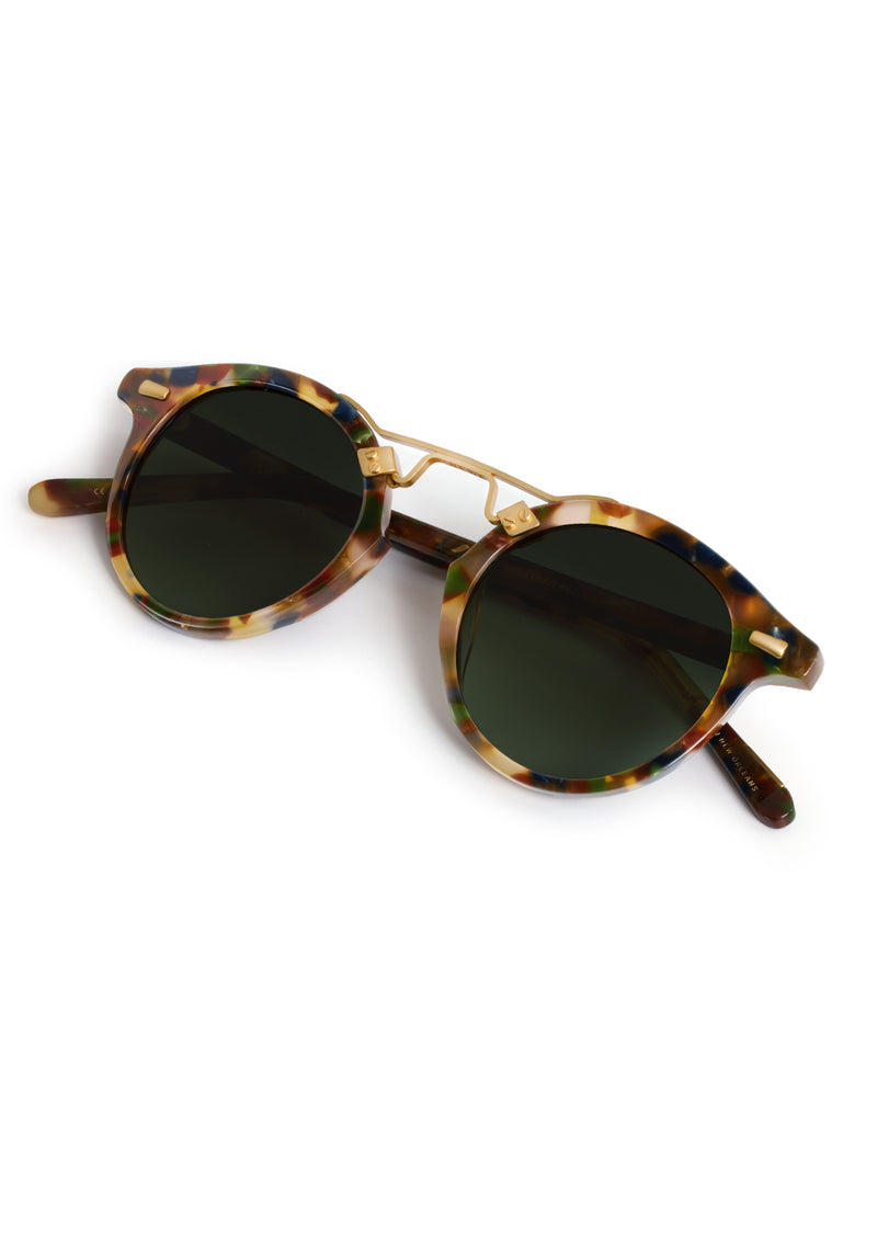ST. LOUIS | Tuscan Tortoise 18K Polarized Handcrafted, luxury, dark multicolored tortoise acetate round KREWE sunglasses with gold bridge and hardware