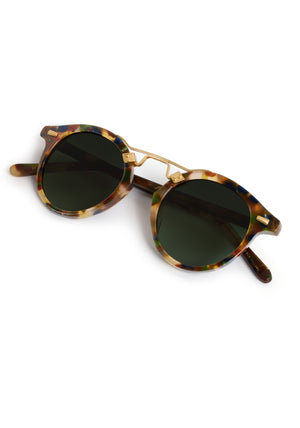 ST. LOUIS | Tuscan Tortoise 18K Polarized Handcrafted, luxury, dark multicolored tortoise acetate round KREWE sunglasses with gold bridge and hardware