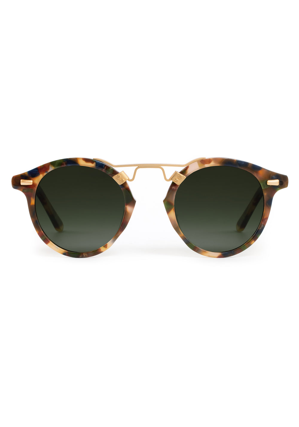 ST. LOUIS | Tuscan Tortoise 18K Polarized Handcrafted, luxury, dark multicolored tortoise acetate round KREWE sunglasses with gold bridge and hardware