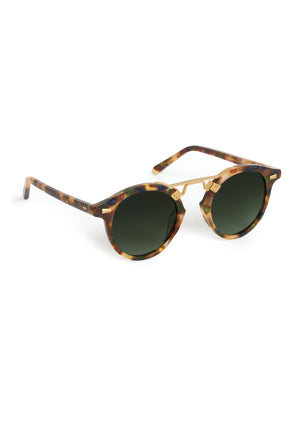 ST. LOUIS | Tuscan Tortoise 18K Polarized Handcrafted, luxury, dark multicolored tortoise acetate round KREWE sunglasses with gold bridge and hardware