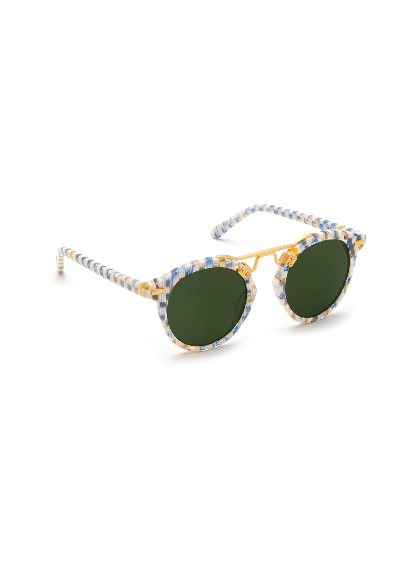 KREWE - ST. LOUIS KIDS | Pincheck 24K Handcrafted, luxury blue and white checkered sunglasses made for children featuring krewe's iconic double metal bridge