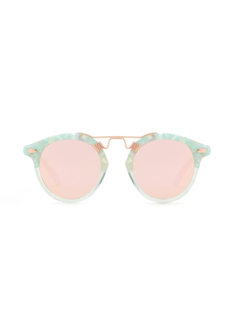 KREWE - ST. LOUIS KIDS | Seaglass to Marine Rose Gold Mirrored handcrafted, luxury blue and pink sunglasses made for children. Featuring krewe's iconic double metal bridge