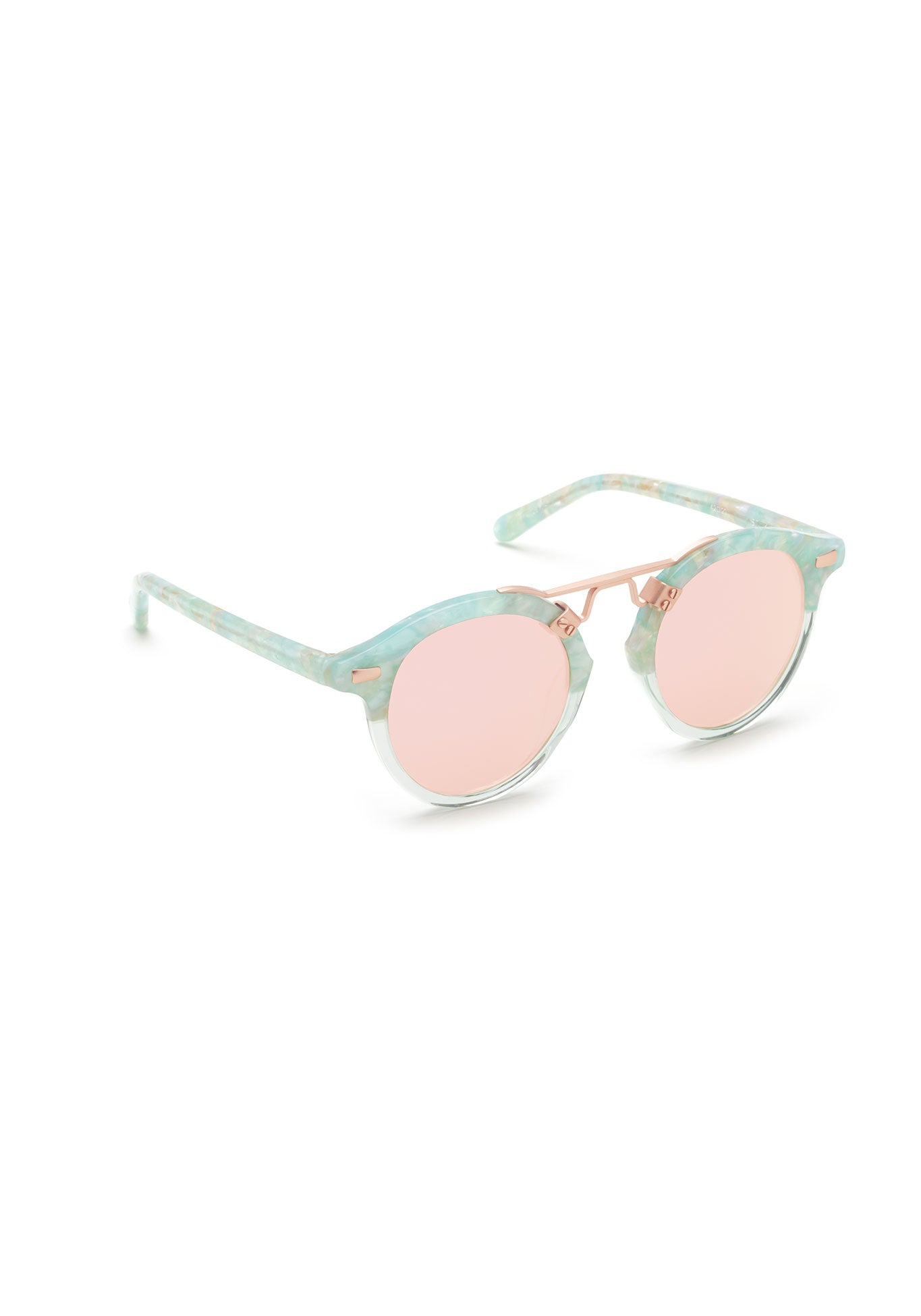 KREWE - ST. LOUIS KIDS | Seaglass to Marine Rose Gold Mirrored handcrafted, luxury blue and pink sunglasses made for children. Featuring krewe's iconic double metal bridge