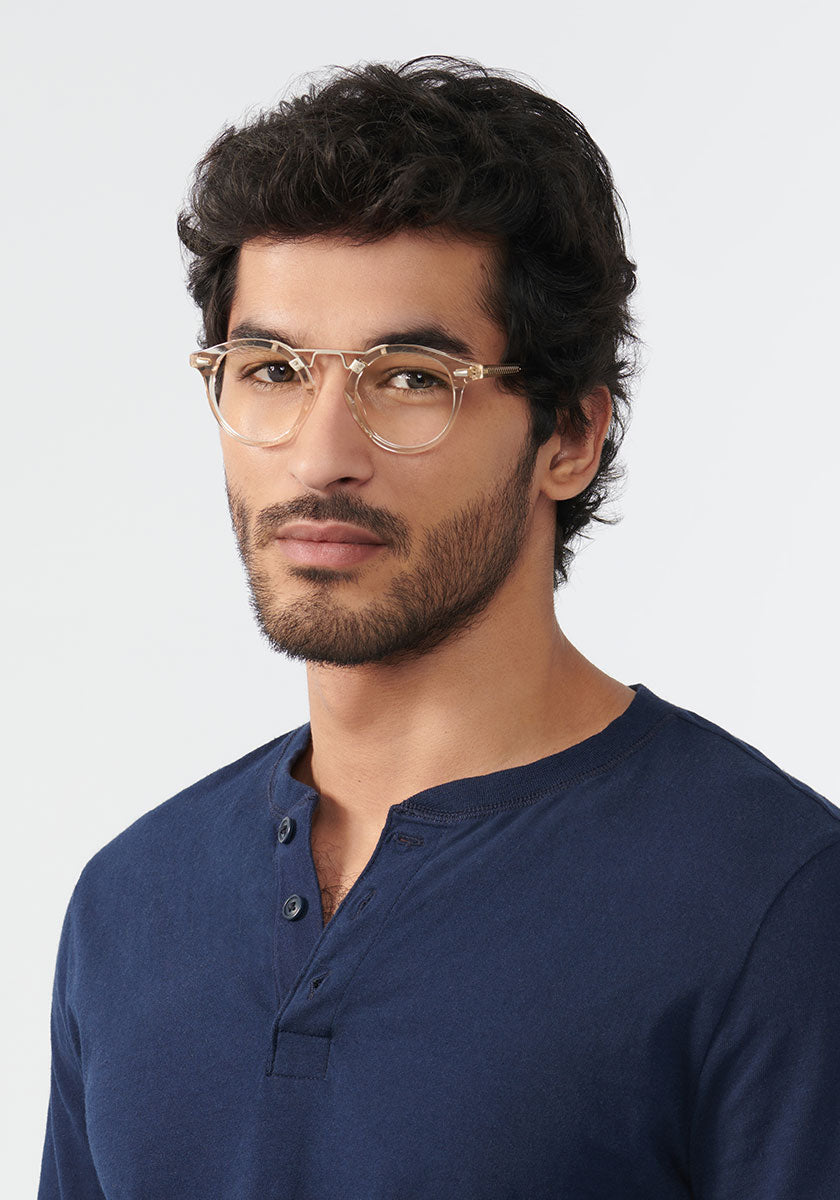 KREWE - ST. LOUIS OPTICAL | Buff Handcrafted, Luxury Pink Acetate Eyeglasses mens model | Model: Mo
