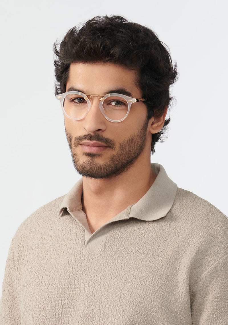 ST. LOUIS OPTICAL | Matte Crystal + Sunday Tortoise 12K Handcrafted, luxury white acetate KREWE glasses mens model campaign | Model: Mo