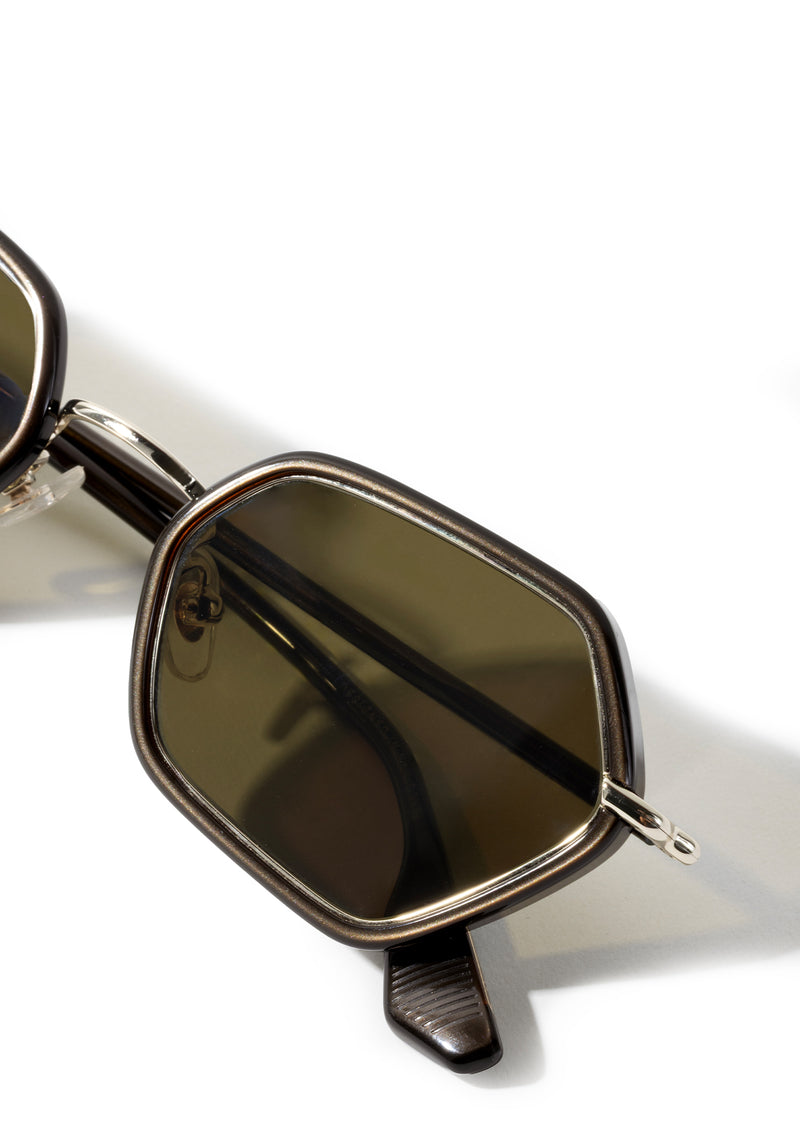 SUKIE | 12K + Bronze Metallic Handcrafted, luxury dark brown acetate and stainless steel small geometric KREWE sunglasses womens model