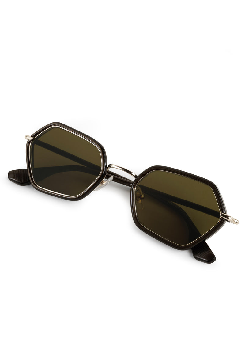 SUKIE | 12K + Bronze Metallic Handcrafted, luxury dark brown acetate and stainless steel small geometric KREWE sunglasses 
