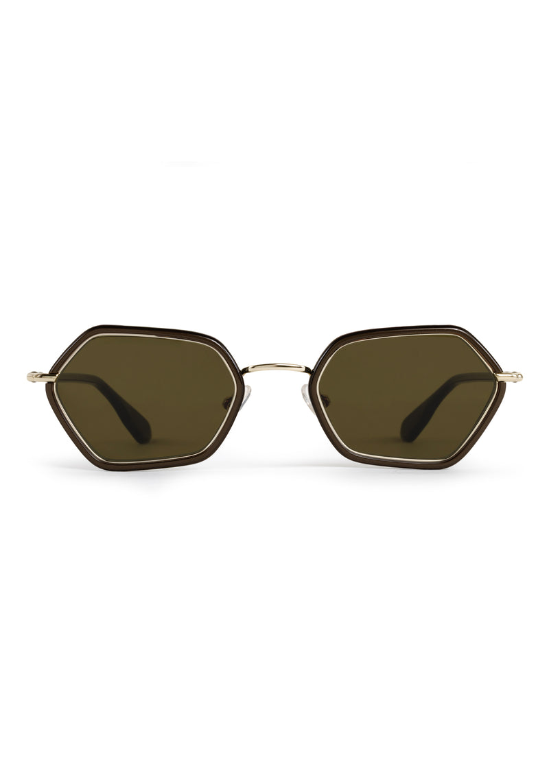 SUKIE | 12K + Bronze Metallic Handcrafted, luxury dark brown acetate and stainless steel small geometric KREWE sunglasses 