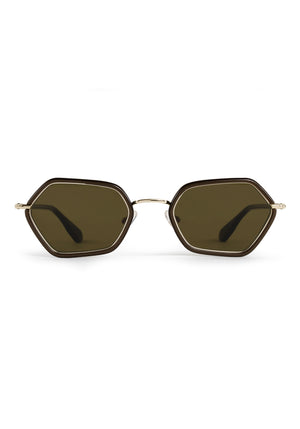 SUKIE | 12K + Bronze Metallic Handcrafted, luxury dark brown acetate and stainless steel small geometric KREWE sunglasses 