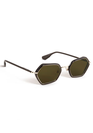 SUKIE | 12K + Bronze Metallic Handcrafted, luxury dark brown acetate and stainless steel small geometric KREWE sunglasses 