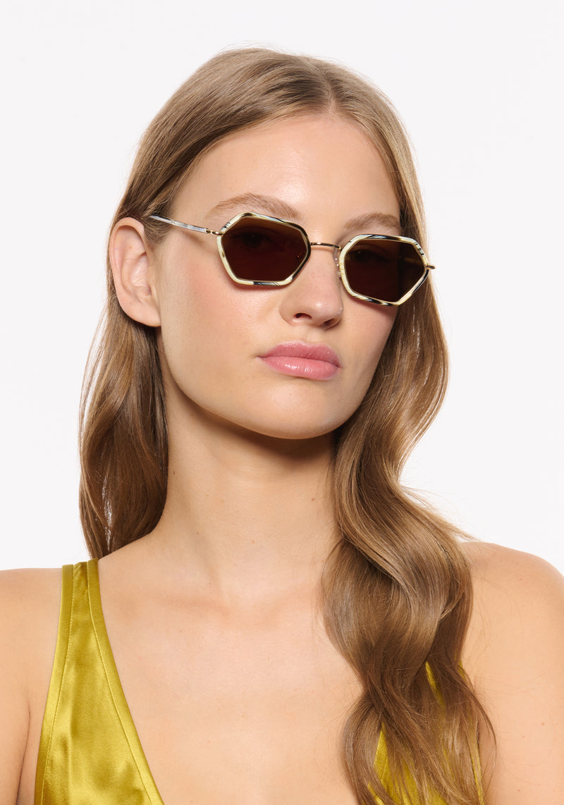 SUKIE | 18K + Bone Handcrafted, luxury white and grey acetate and stainless steel small geometric KREWE sunglasses womens model | Model: Isa