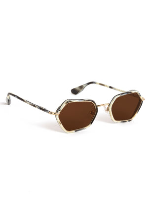 SUKIE | 18K + Bone Handcrafted, luxury white and grey acetate and stainless steel small geometric KREWE sunglasses 