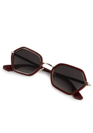 SUKIE | 12K + Burgundy Leather Handcrafted, luxury burgundy leather and stainless steel small geometric KREWE sunglasses 