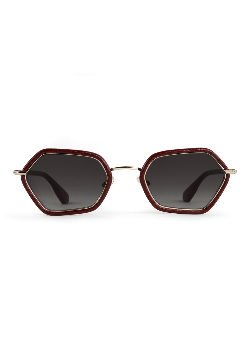 SUKIE | 12K + Burgundy Leather Handcrafted, luxury burgundy leather and stainless steel small geometric KREWE sunglasses 