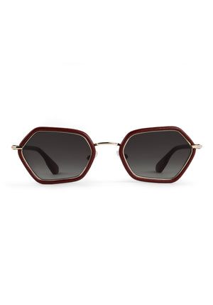 SUKIE | 12K + Burgundy Leather Handcrafted, luxury burgundy leather and stainless steel small geometric KREWE sunglasses 