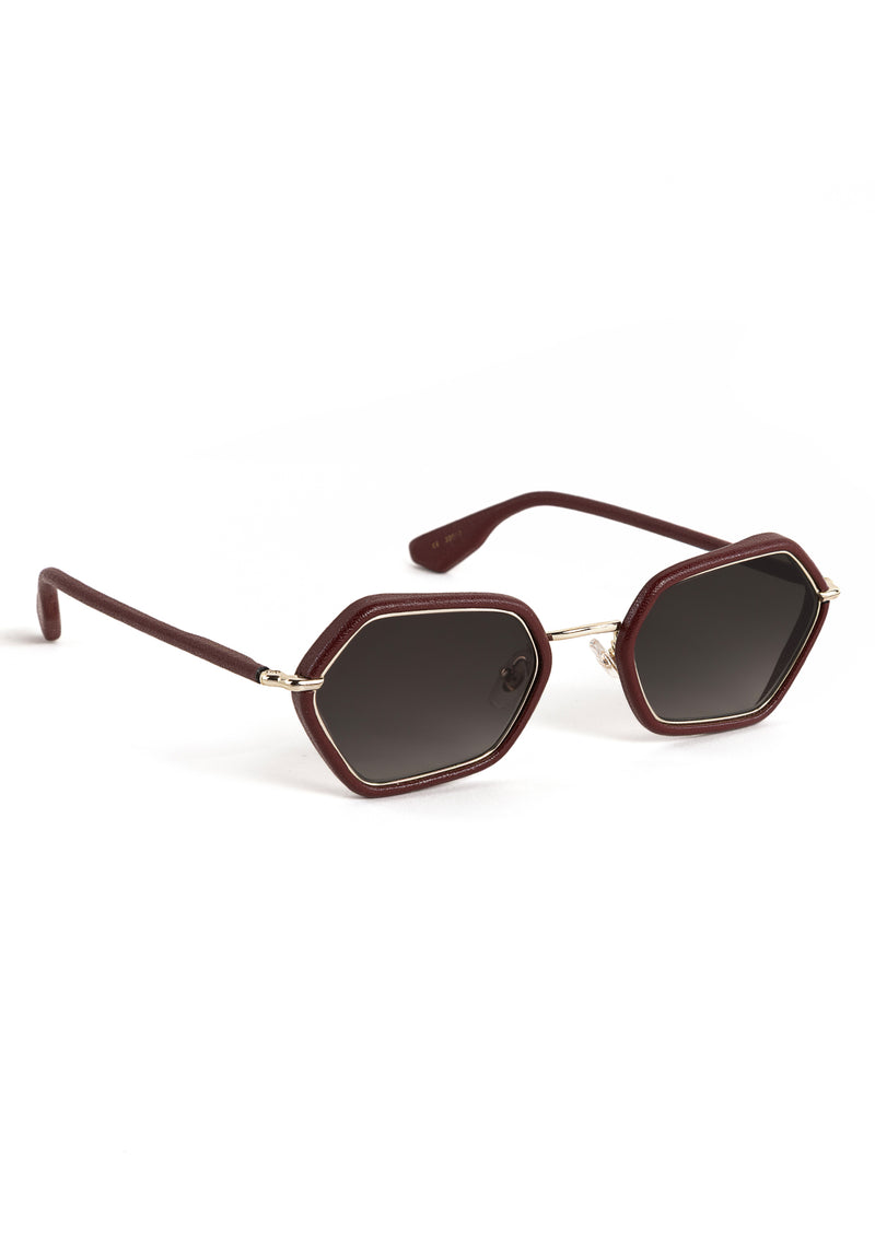 SUKIE | 12K + Burgundy Leather Handcrafted, luxury burgundy leather and stainless steel small geometric KREWE sunglasses 