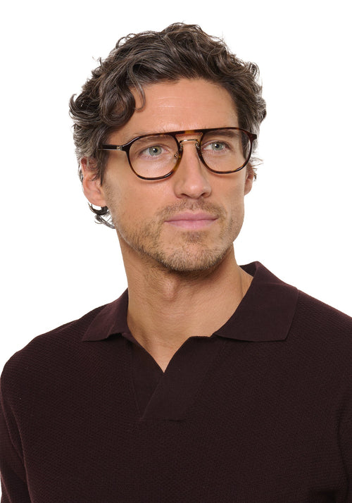 SUTTON | Havana 12K handcrafted, luxury brown tortoise acetate aviator KREWE eyeglasses mens model | Model: Ryan